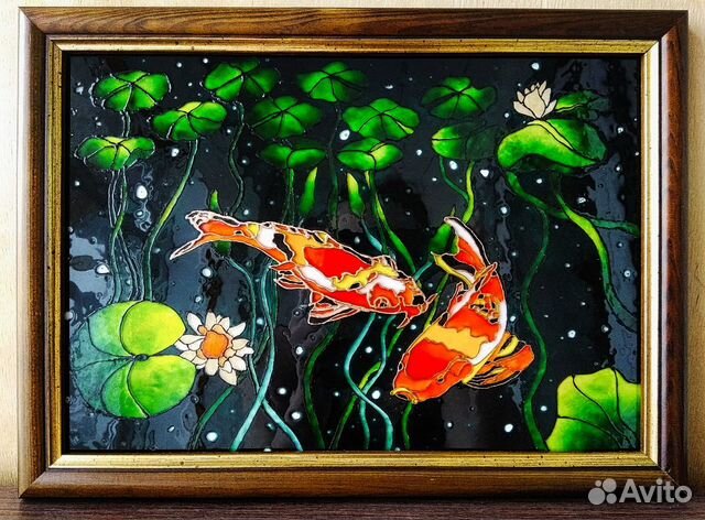 Декоративное панно Карпы и Лотосы. Витражная роспи