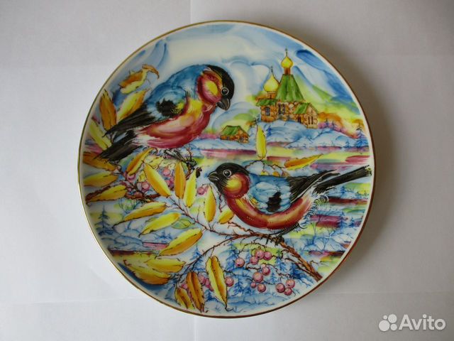 Декоративная фарфоровая тарелка с птицами, роспись