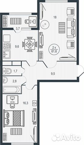 2-к квартира, 61.6 м², 13/16 эт.