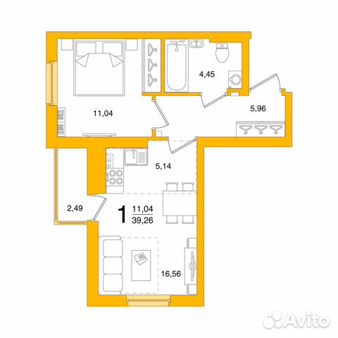 2-к квартира, 39.3 м², 1/6 эт.