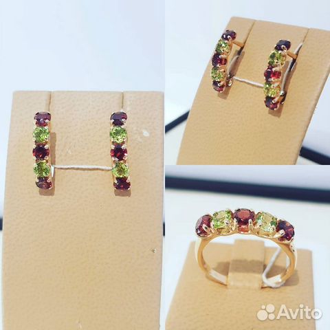 Кольцо, серьги,хризолит, гранат, золото 585