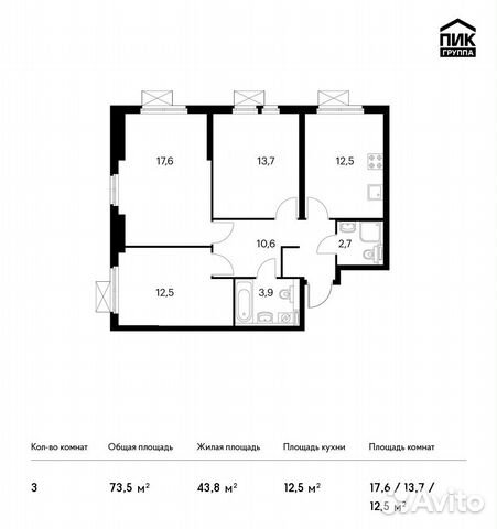 3-к квартира, 73.5 м², 10/32 эт.