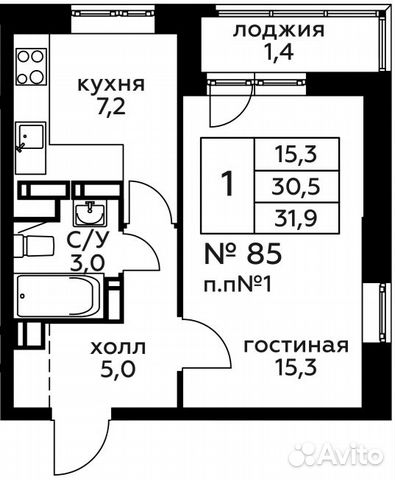 1-к квартира, 31.9 м², 18/22 эт.