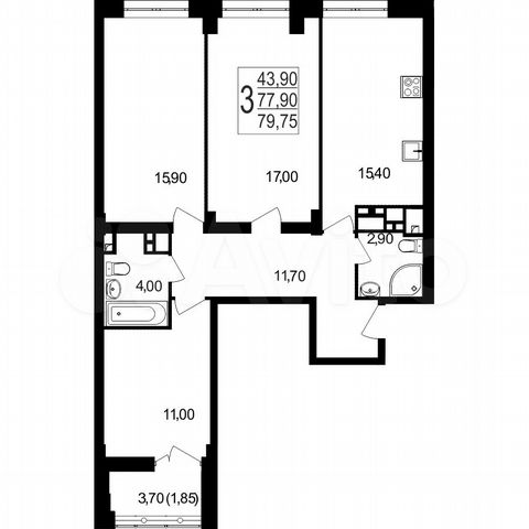 3-к. квартира, 79,8 м², 12/25 эт.