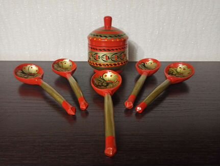 Сахарница и ложки, деревянные, расписные