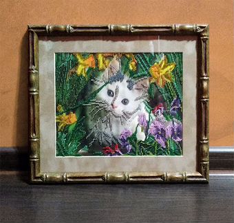 Вышивка бисером в раме Кот Животные Бамбук