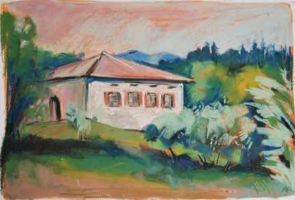 Картина пастелью, испанский летний пейзаж, рисунок