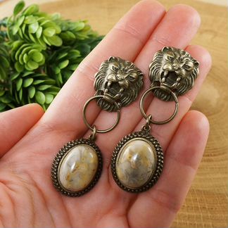 Серьги Львы с Бежевым Агатом №2