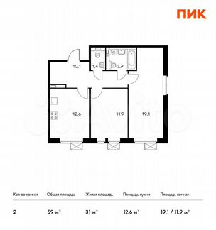 2-к квартира, 59 м², 9/9 эт.
