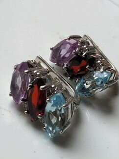 Серьги гранат аметист голубой топаз серебро