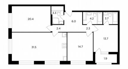 3-к квартира, 104.1 м², 19/20 эт.