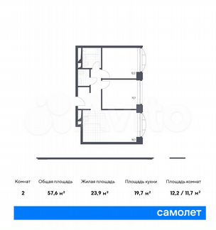 2-к апартаменты, 57.6 м², 13/24 эт.