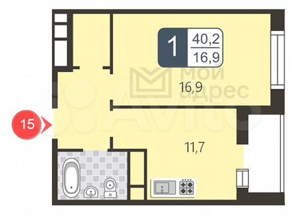 1-к квартира, 40.2 м², 6/11 эт.