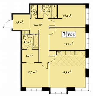 3-к квартира, 92 м², 2/14 эт.